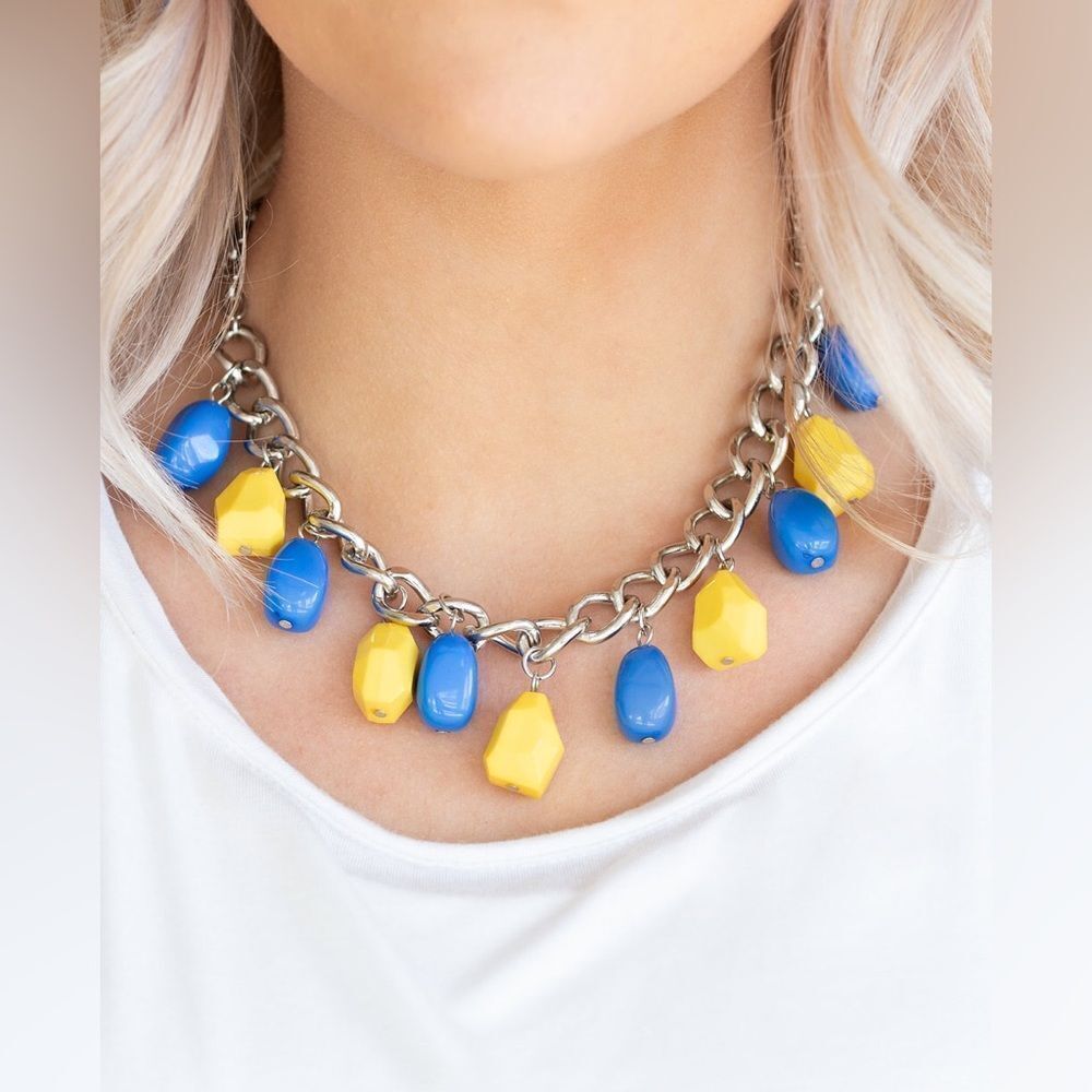 Set!! Silver color chain with yellow and blue drop beads necklace